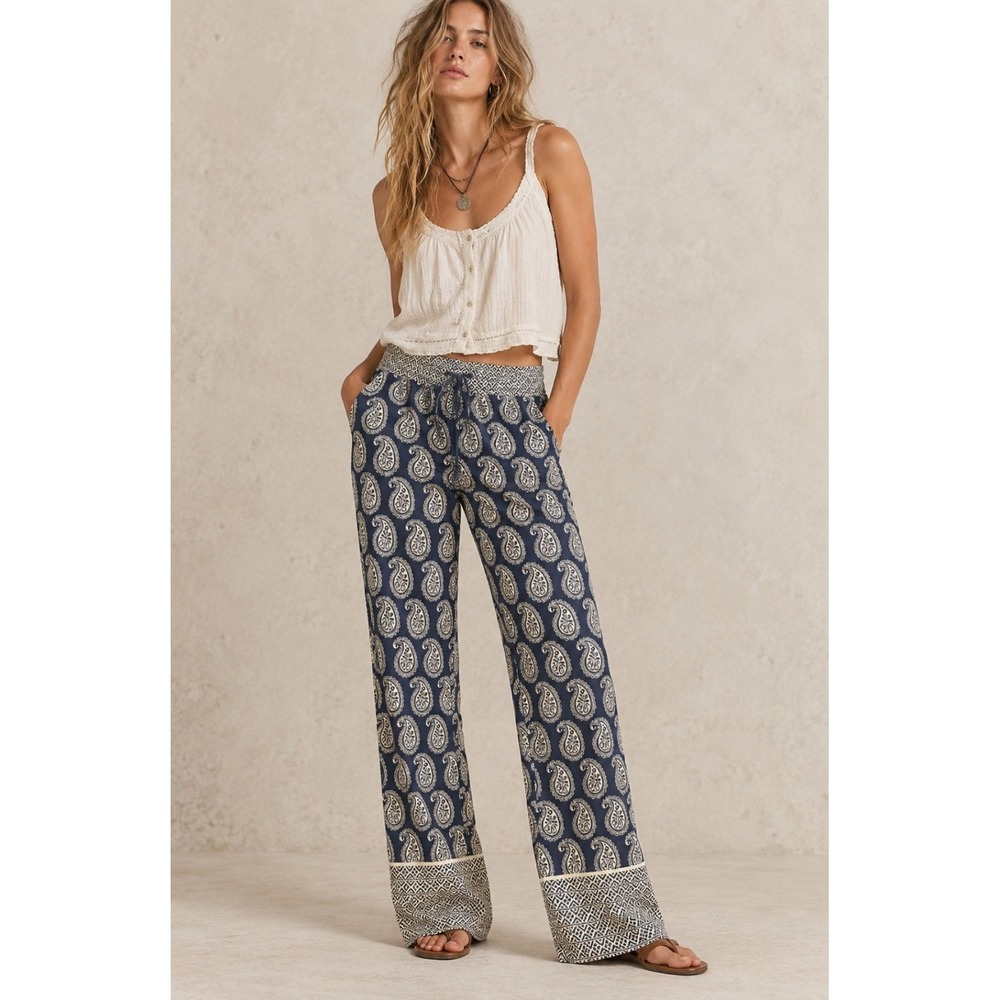 Devi Designs Paisley Wide Leg Pant Navy Cotton Tassel Pockets Casual Boho Soft
